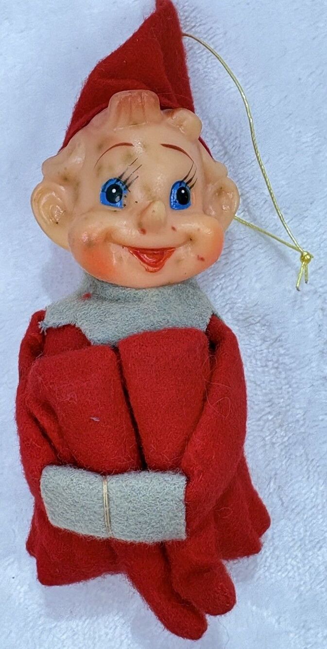 Vintage Knee Hugger Christmas Elf Ornament Red Felt Suit Japan Pixie Delta